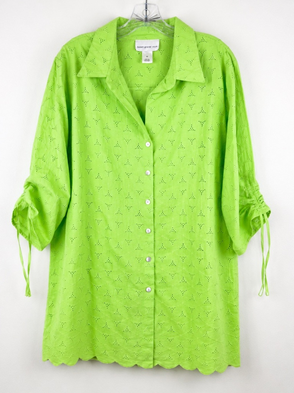 Susan Graver Lime Green Eyelet Tunic Button Front Shirt 1X Resort